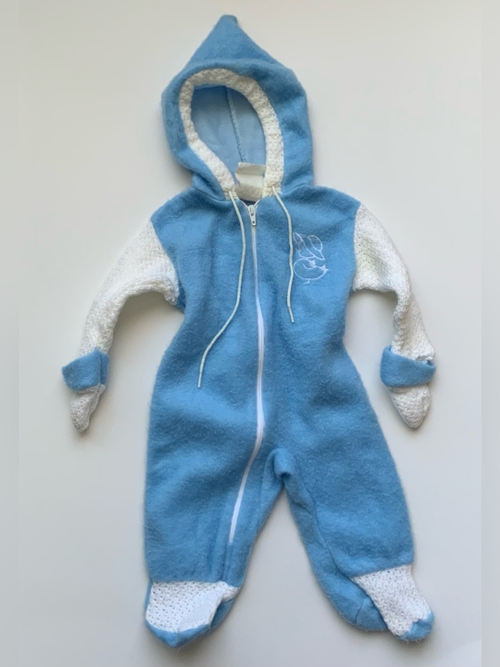 Vintage 80s Blue and White Hooded Kids One-Piece Romper